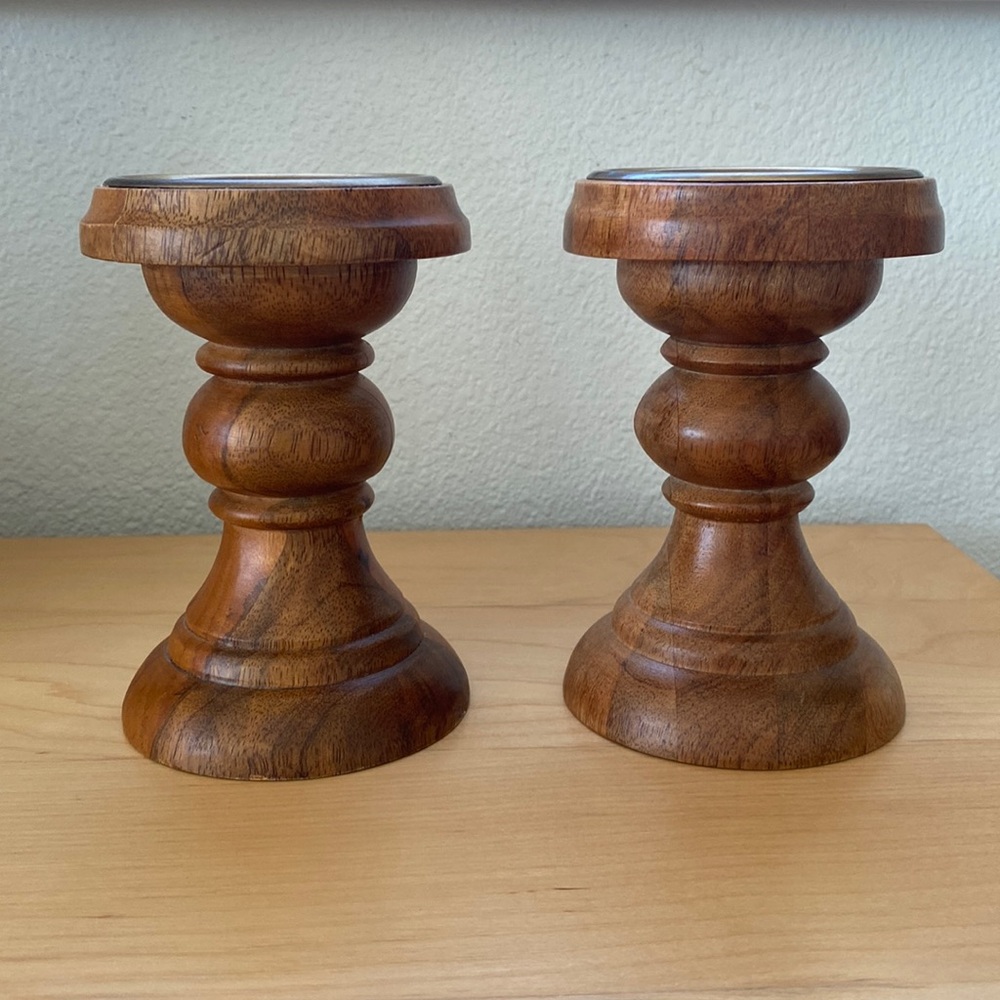 NWT Pair of Wood Brass Pillar Candle Holders - Transitional / Traditional Style